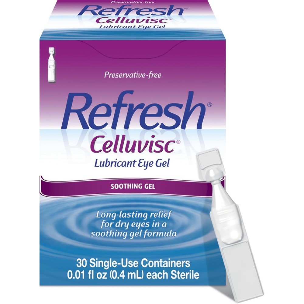 Refresh Celluvisc Lubricant Eye Gel 30 count front packaging view showing preservative-free claim