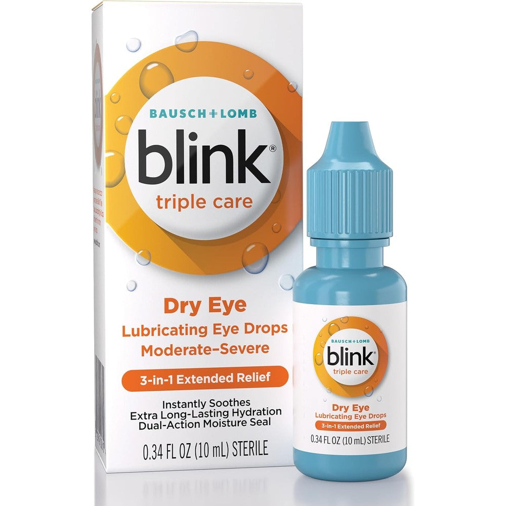Blink Triple Care Lubricating Eye Drops front view of 10ml bottle for dry eye relief.