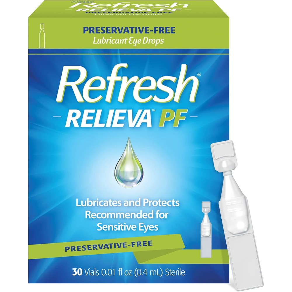 Refresh Relieva PF Lubricant Eye Drops front packaging showing 30 count box.
