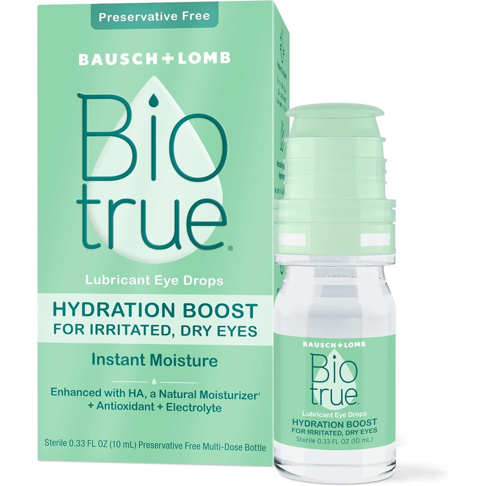Biotrue Hydration Boost Preservative Free Eye Drops front view for dry eye relief.