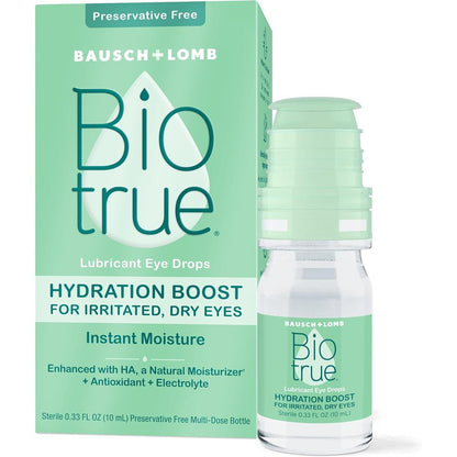 Biotrue Hydration Boost Preservative Free Eye Drops front view for dry eye relief.