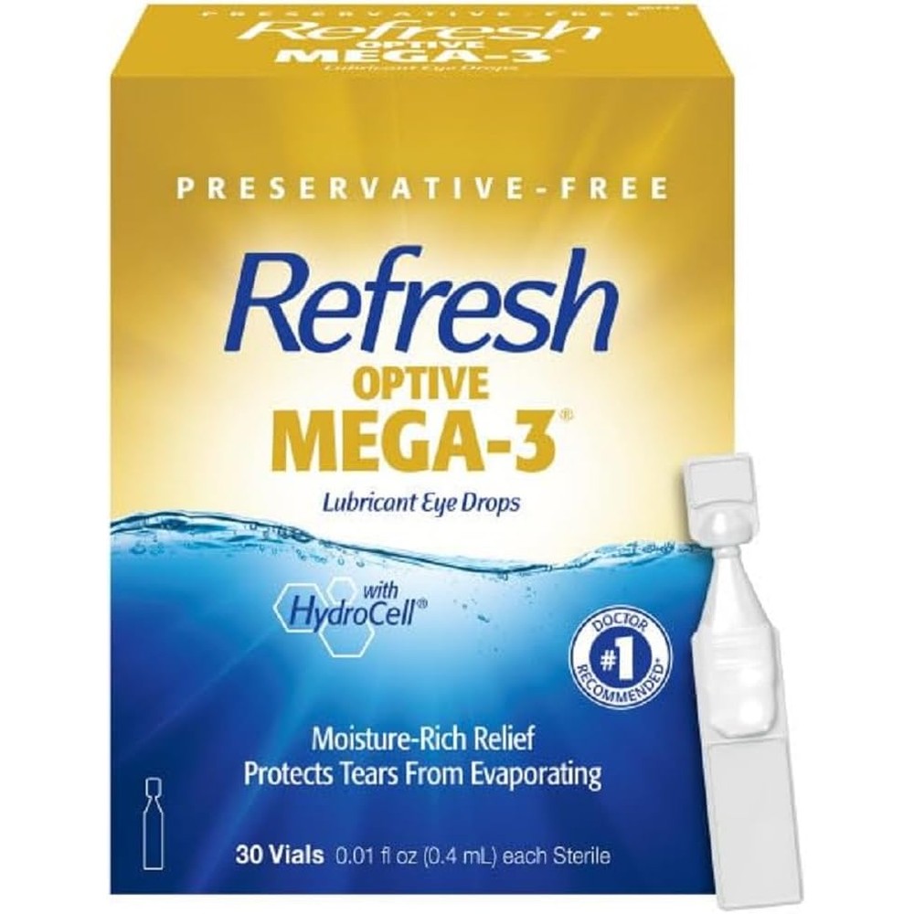 Refresh Optive Mega-3 Lubricant Eye Drops front packaging for dry eye relief.
