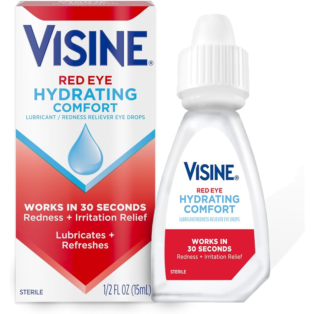 Visine Red Eye Hydrating Comfort front view of sterile eye drop bottle.
