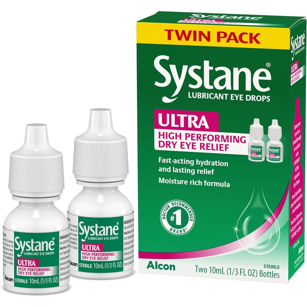 Systane Ultra Lubricant Eye Drops twin pack front view for dry eye relief.