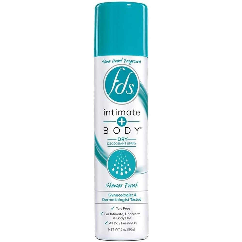 FDS Intimate and Body Dry Deodorant Spray Shower Fresh front view for feminine hygiene.