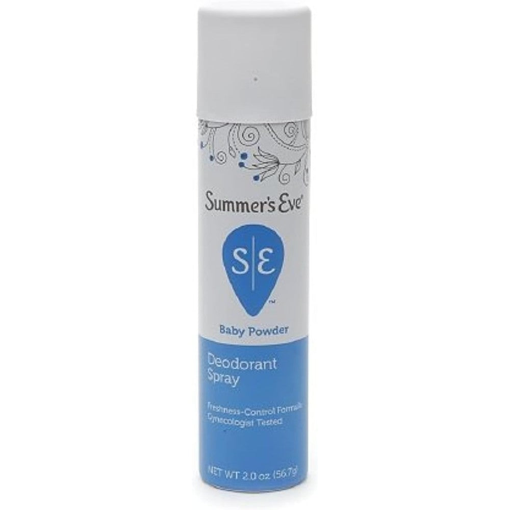 Summer's Eve Feminine Deodorant Spray Baby Powder front view for intimate freshness.