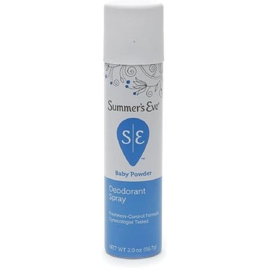Summer's Eve Feminine Deodorant Spray Baby Powder front view for intimate freshness.