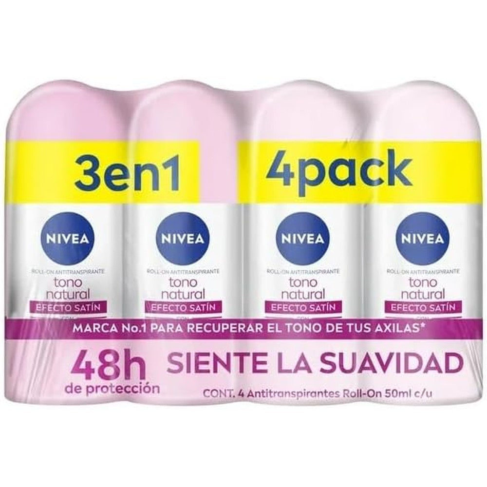 Nivea Natural Tone Clarifying Antiperspirant Roll-On 4-pack front view for underarm skin care.