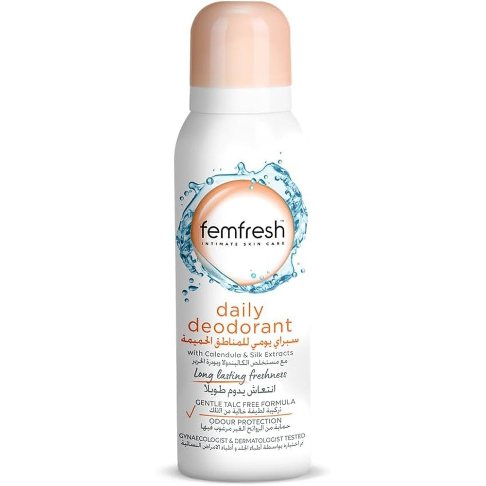Femfresh Feminine Freshness Deodorant Spray 125ml front view showing pink and white packaging