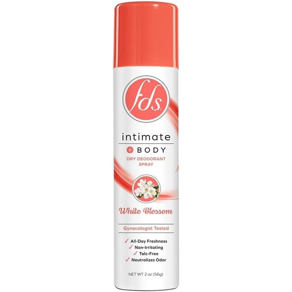 FDS Intimate and Body Dry Deodorant Spray White Blossom front view for feminine hygiene.