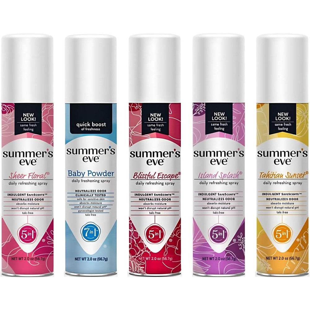 Summer's Eve Feminine Cleansing Spray Variety Pack front view featuring five colorful bottles.