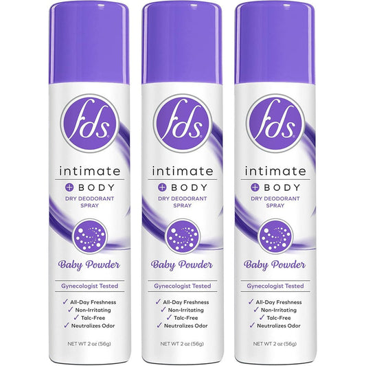 FDS Intimate Deodorant Spray Baby Powder 3-pack front view for feminine freshness.