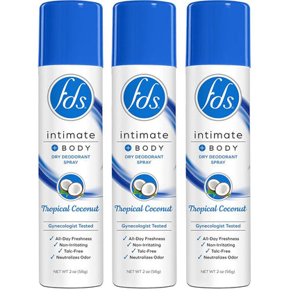 FDS Intimate Deodorant Spray Tropical Coconut pack of three front view feminine hygiene.