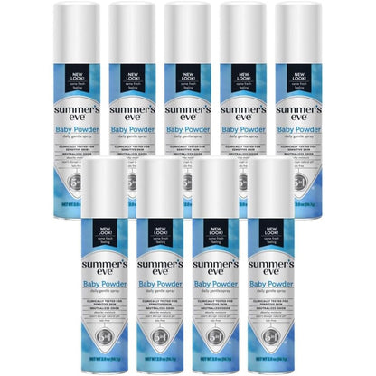 Summer's Eve Baby Powder Freshening Deodorant Spray front view for intimate hygiene.