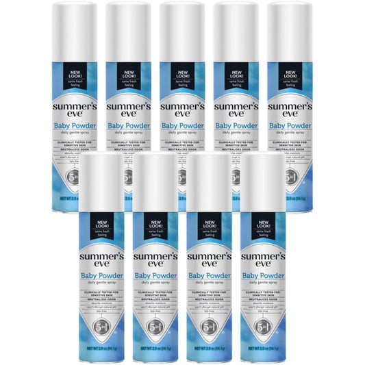 Summer's Eve Baby Powder Freshening Deodorant Spray front view for intimate hygiene.