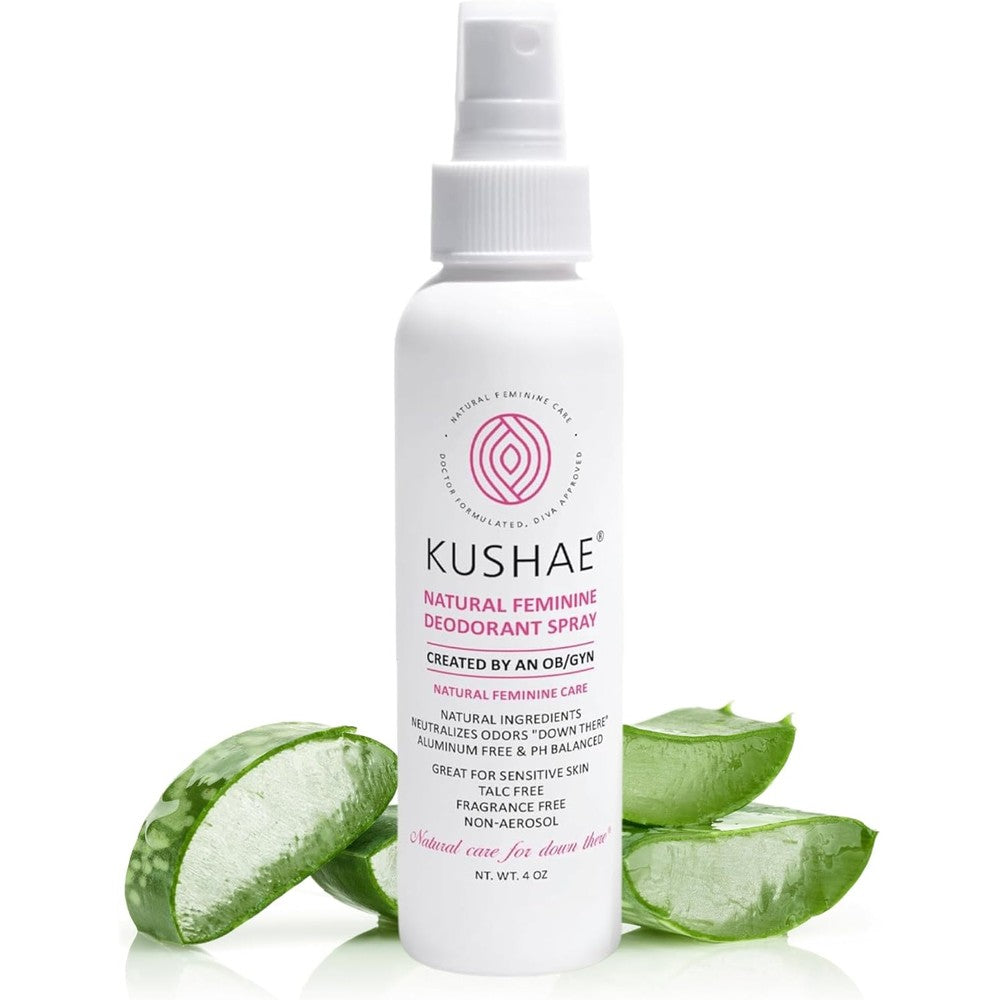 Kushae Natural Feminine Deodorant Spray 4 ounce bottle front view for intimate hygiene