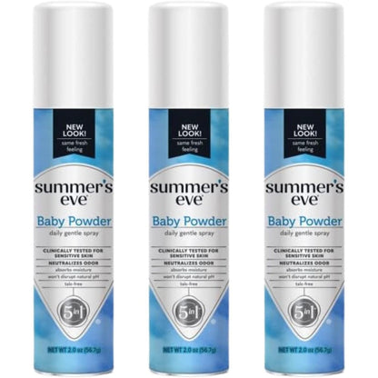 Summer's Eve Freshening Spray Baby Powder 3 Pack front view for daily freshness.