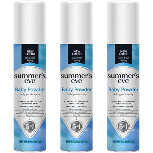 Summer's Eve Freshening Spray Baby Powder 3 Pack front view for daily freshness.