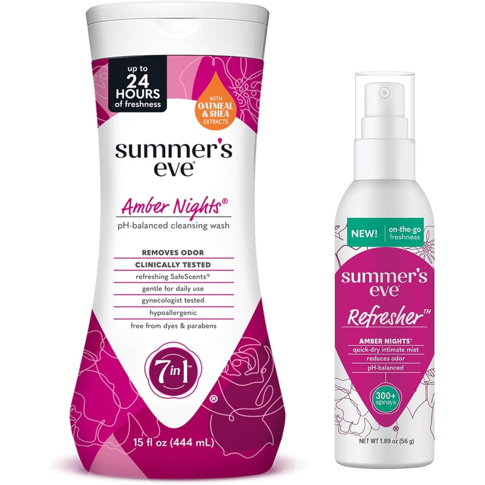 Summer's Eve Amber Nights combo pack containing feminine wash and refresher mist front view