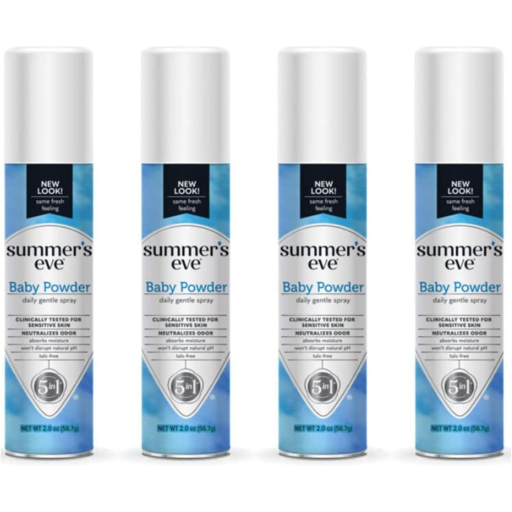 Summer's Eve Feminine Deodorant Spray Baby Powder 4 pack front view for daily freshness.