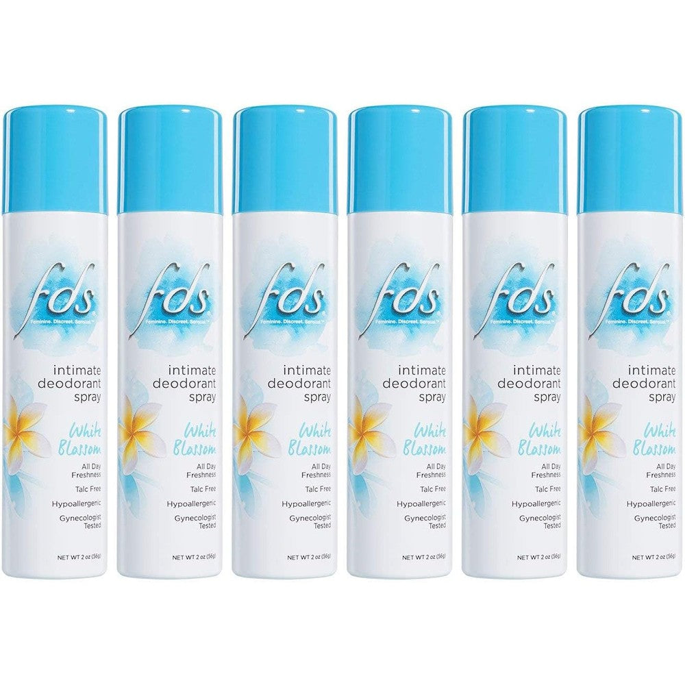 FDS Hypoallergenic Intimate Deodorant Spray White Blossom 6-pack front view feminine hygiene