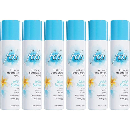 FDS Hypoallergenic Intimate Deodorant Spray White Blossom 6-pack front view feminine hygiene