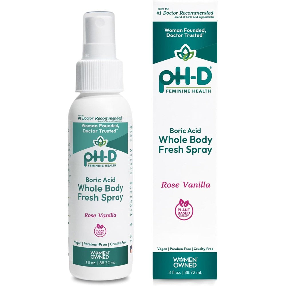 pH-D Feminine Health Boric Acid Body Fresh Spray front view for odor neutralization.