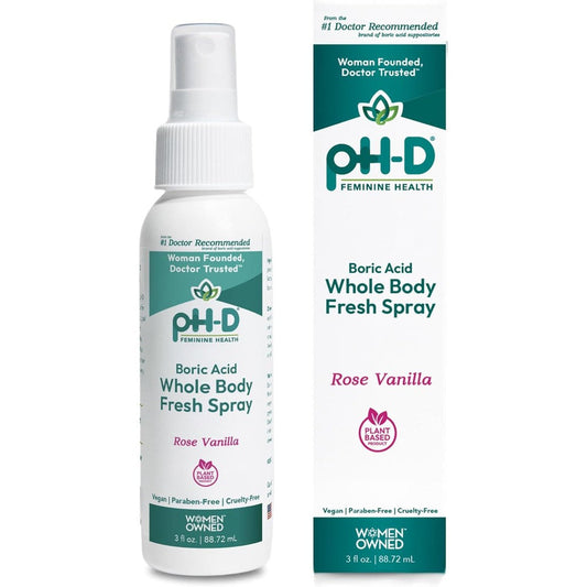 pH-D Feminine Health Boric Acid Body Fresh Spray front view for odor neutralization.