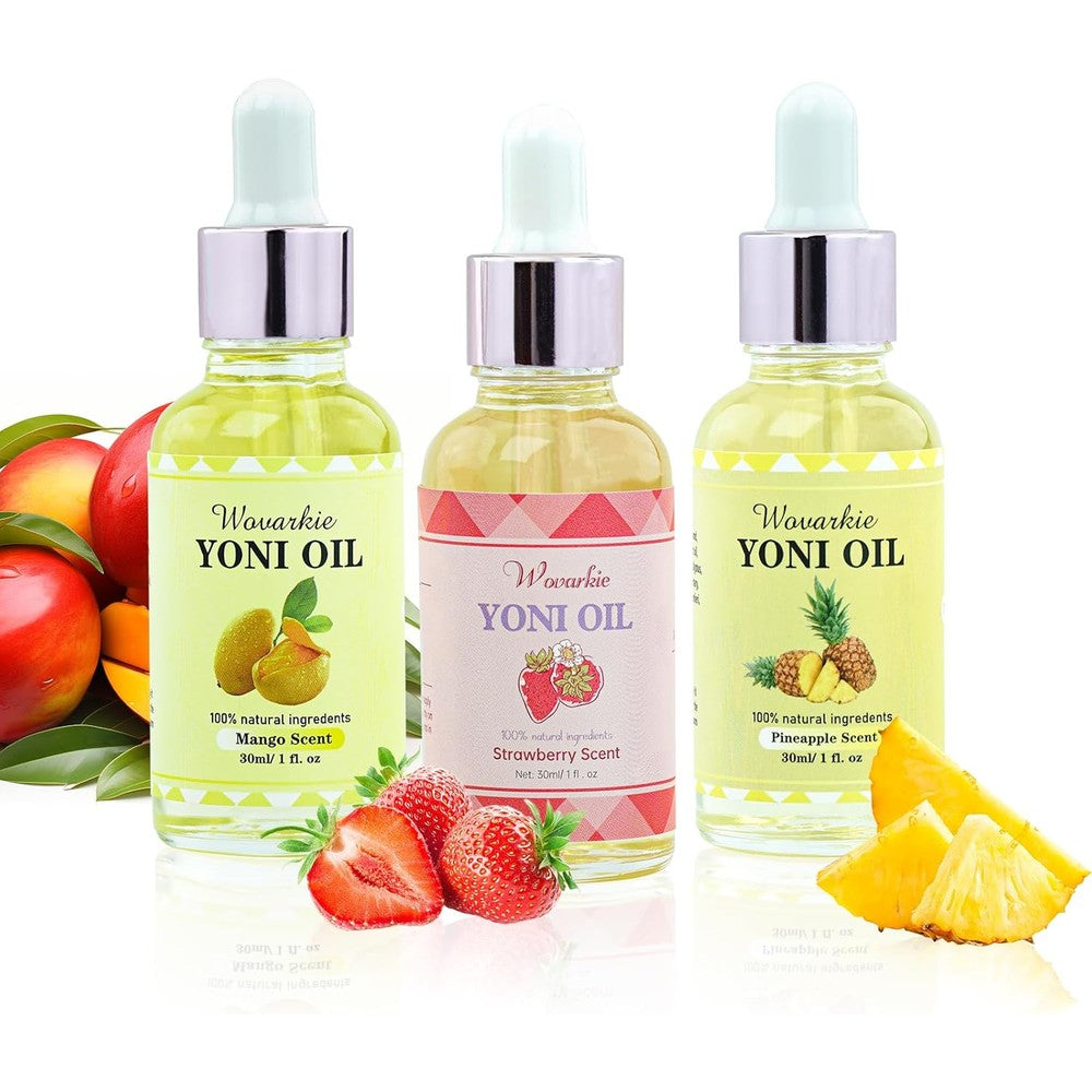 Wovarkie Yoni Oil 3 Pack front view of natural feminine serum bottles.