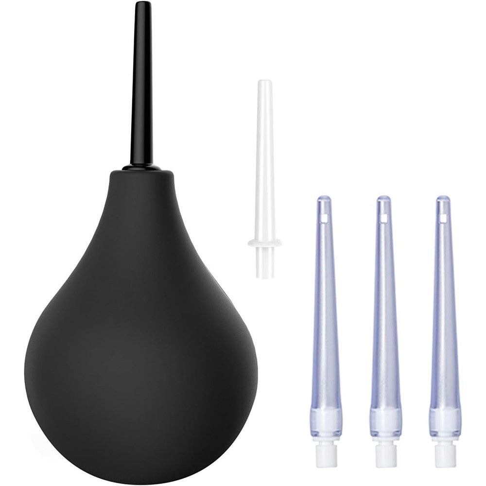 Showvigor Enema Bulb Kit front view showcasing the black silicone bulb and 5 nozzles.