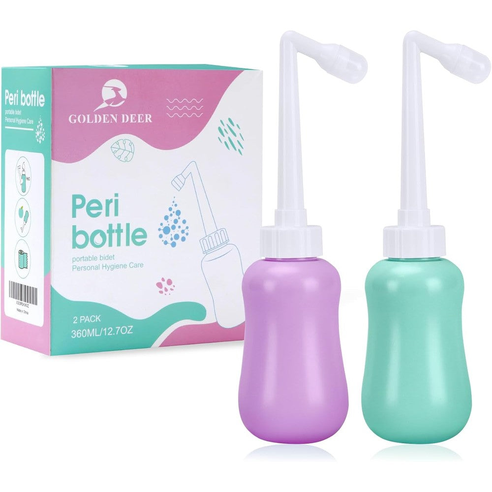 GOLDEN DEER 2 Pack Peri Bottle front view of purple and turquoise bottles.