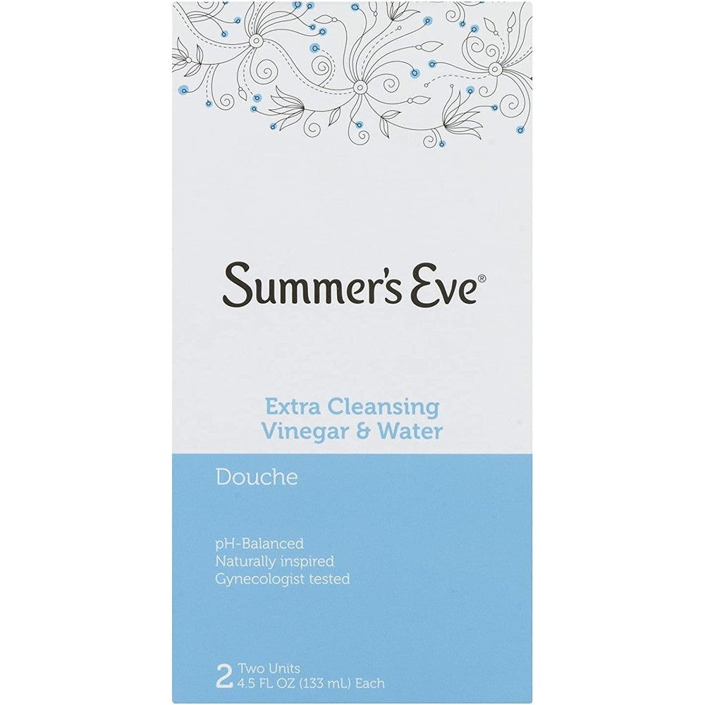 Summer's Eve Extra Cleansing Vinegar and Water Douche front packaging for feminine hygiene.