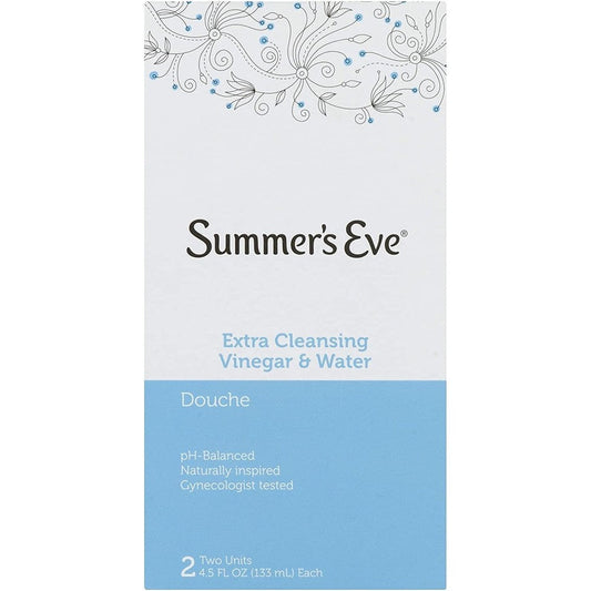 Summer's Eve Extra Cleansing Vinegar and Water Douche front packaging for feminine hygiene.