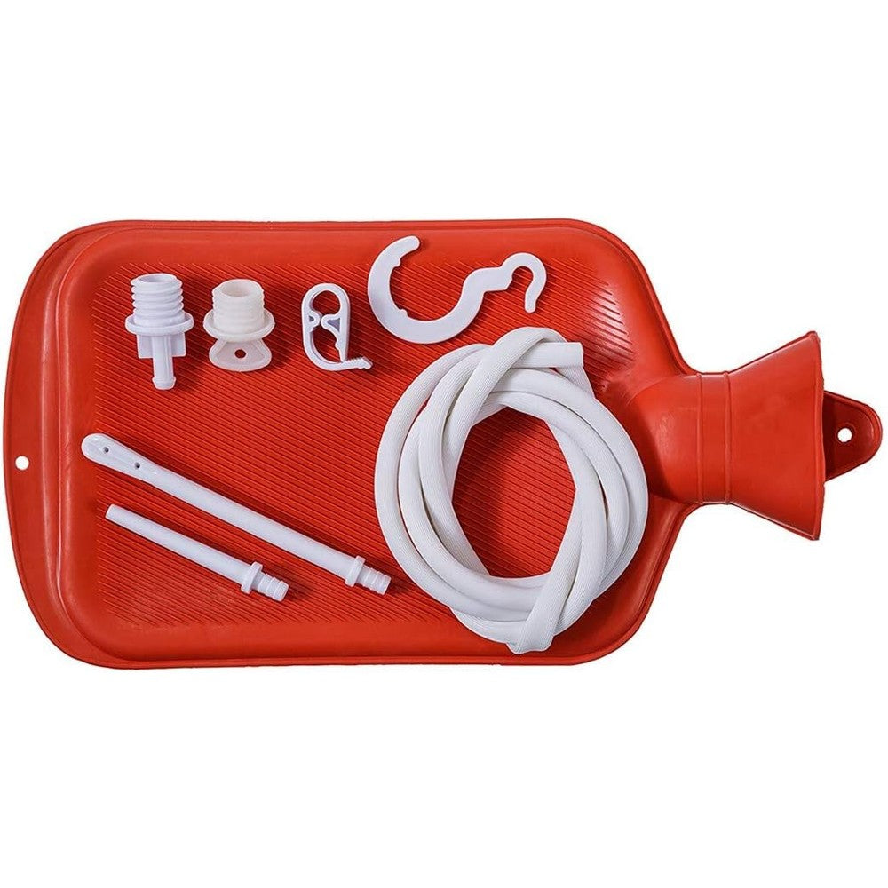Aovioandy Rubber Enema Bag and Hot Water Bottle kit front view with red rubber bag.