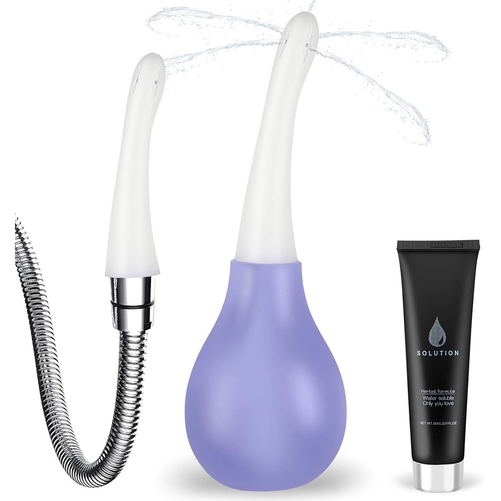 SewXew Anal Douche Enema Kit front view showcasing the purple silicone bulb and nozzle.