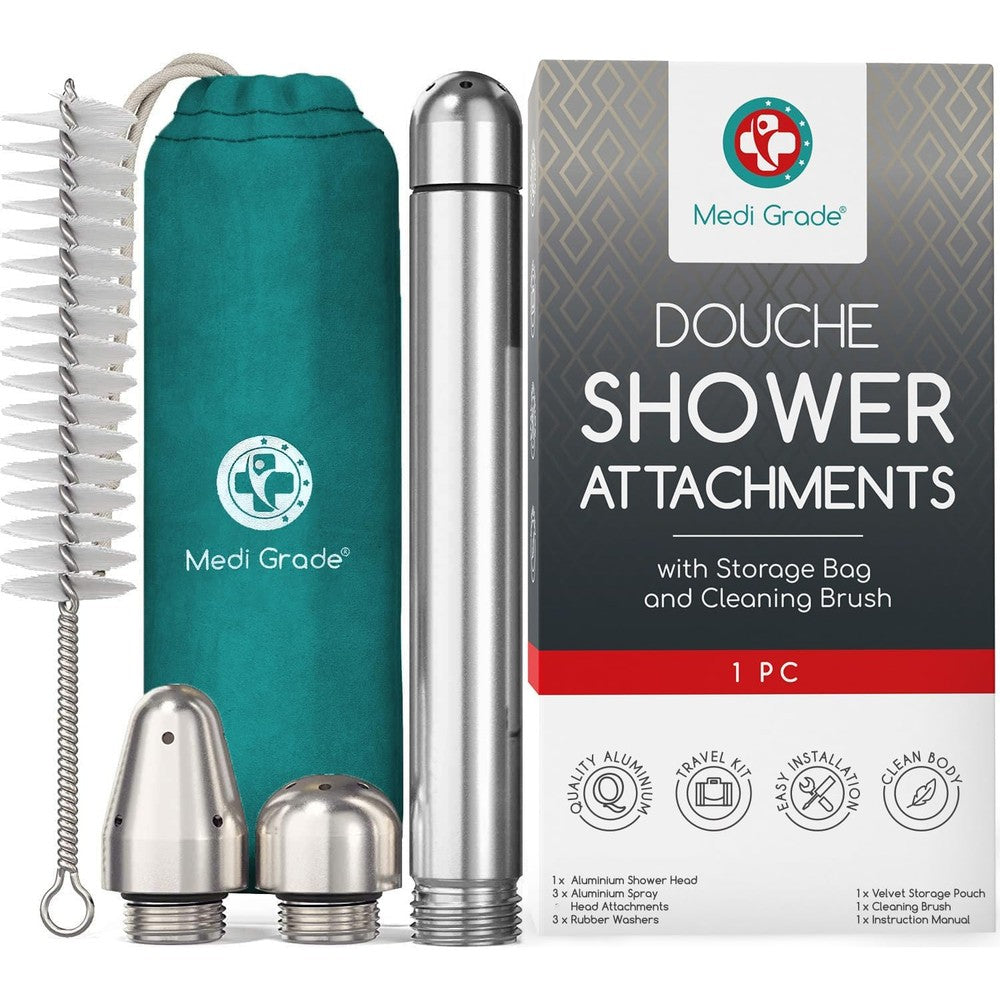 Medi Grade Shower Enema Kit front view showcasing three aluminum nozzles and storage bag.