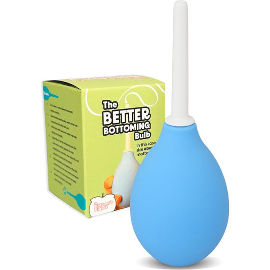 The Bottom's Digest Enema Bulb front view of blue silicone 3 ounce douche.