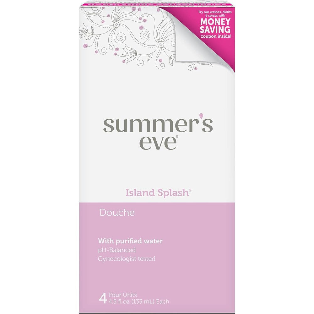 Summer's Eve Island Splash Douche front view four pack for feminine hygiene.