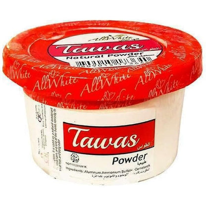 All White Natural Tawas Powder front view showing 38 gram container for body odor control.