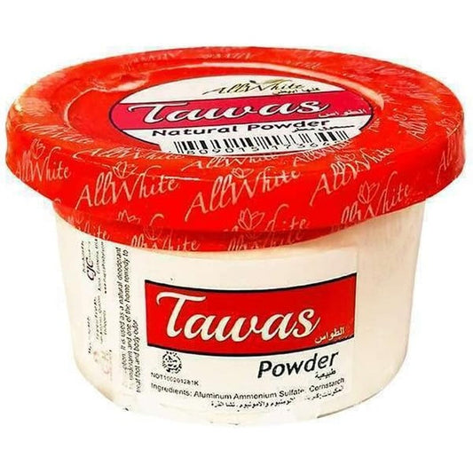 All White Natural Tawas Powder front view showing 38 gram container for body odor control.