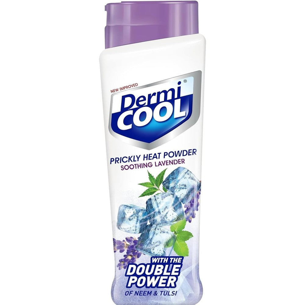 Dermicool Soothing Lavender Prickly Heat Powder 150g front view for heat rash relief.