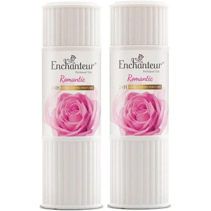 Enchanteur Romantic Perfumed Talc pack of two front view floral body powder.