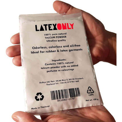 Latexonly Pure Natural Talcum Powder 100g front view for latex garment care.