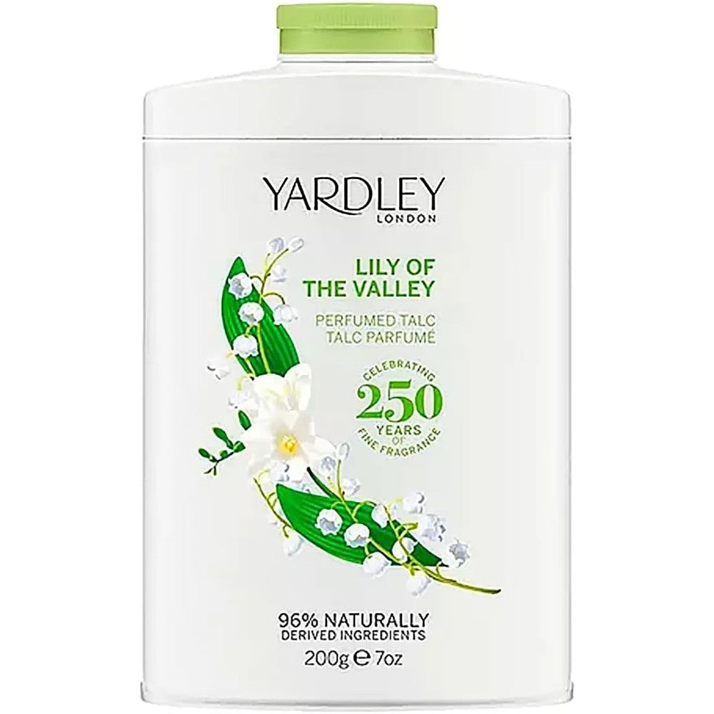 Yardley London Lily of the Valley Perfumed Talc Powder 200g front view for women.