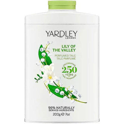 Yardley London Lily of the Valley Perfumed Talc Powder 200g front view for women.
