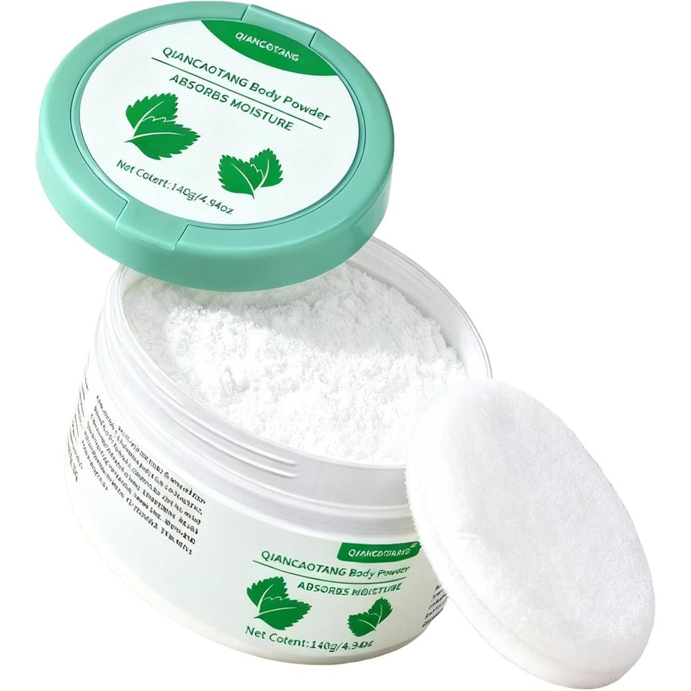 QIANCAOTANG Pure and Natural Corn Starch Body Powder front view talc-free dusting powder.