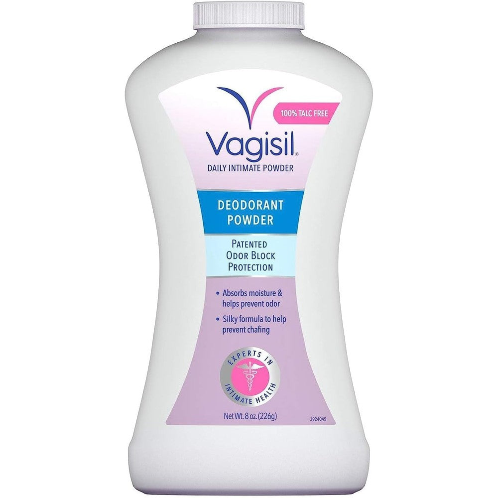 Vagisil Odor Block Deodorant Powder front view showing 8 ounce packaging.