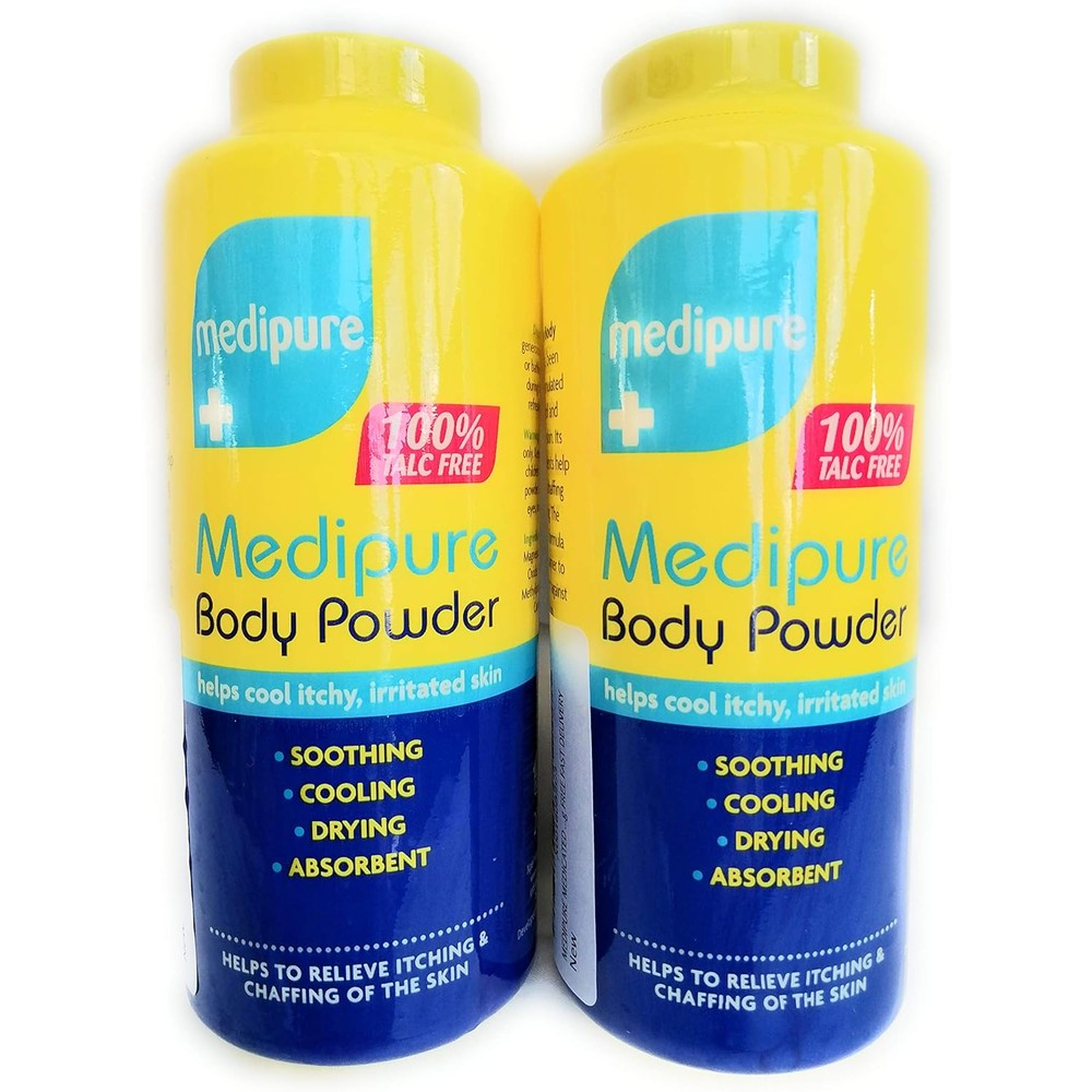 Medipure Medicated Body Powder Talc Free Twin Pack front view for soothing skin relief.