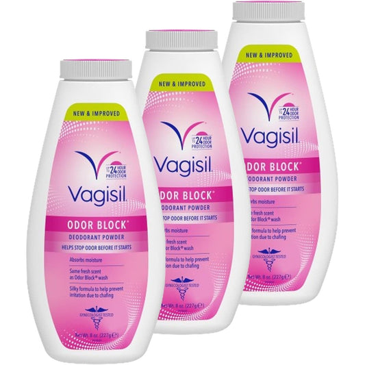 Vagisil Odor Block Deodorant Powder pack of 3 front view for feminine freshness.
