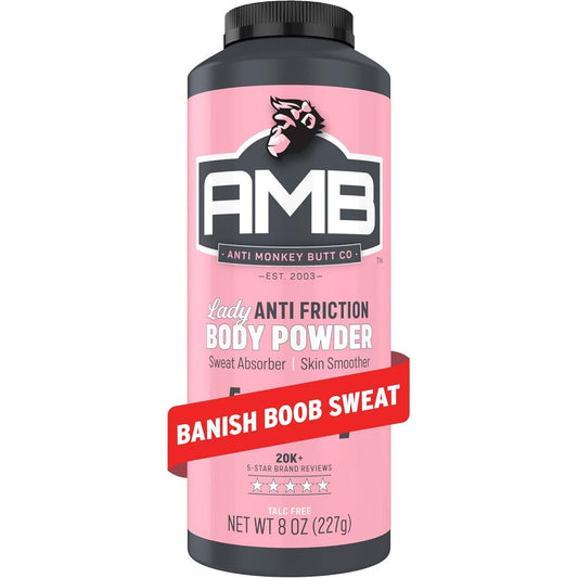 Anti Monkey Butt Lady Body Powder 8 Ounce bottle front view for anti-chafing relief.
